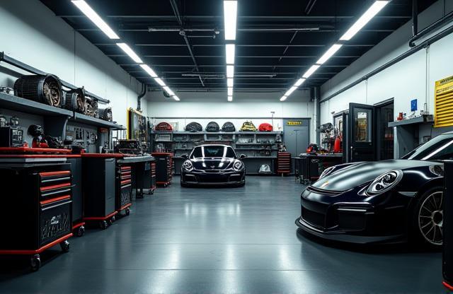 Clean and organized automotive workshop interior with tools and performance parts, featuring a tuned vehicle.