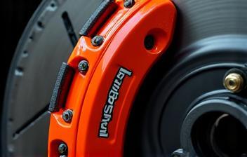 Close-up of performance brake caliper and disc.