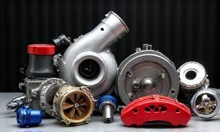 Various performance aftermarket car parts including turbocharger, brake caliper, and intake manifold.