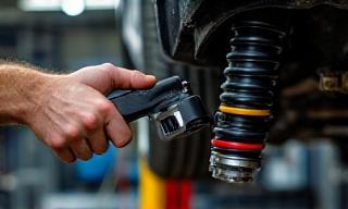 Close-up of adjustable performance coilover suspension being adjusted.
