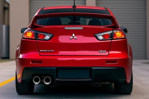 Mitsubishi Lancer Evolution X with custom exhaust system visible.