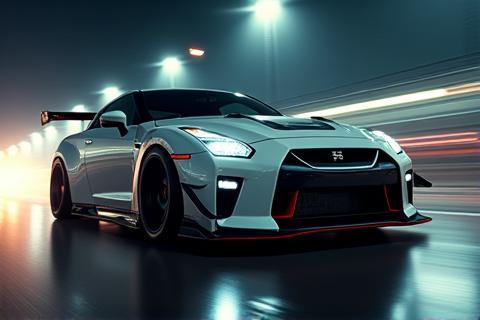 Highly tuned Nissan GT-R R35 on a dynamic background showing speed.