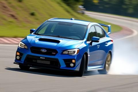 Subaru WRX STI showing suspension modifications or cornering aggressively.